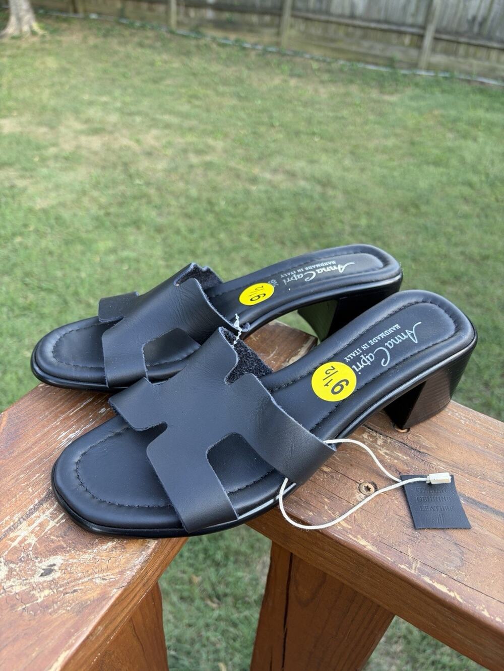 NWT Anna Capri Black Leather Block Heel Slide Sandals Classic Luxury Size 9.5
